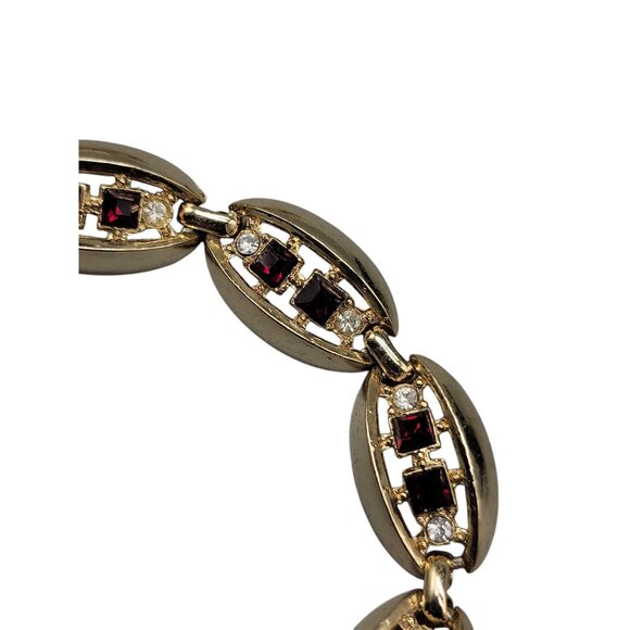 Gold Plated Oval Link Rhinestone Tennis Bracelet Red & Clear Glass Stones SZ 7 - Picture 8 of 12